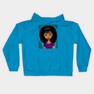 Cute brown skin girl with big curls on blue background Kids Hoodie